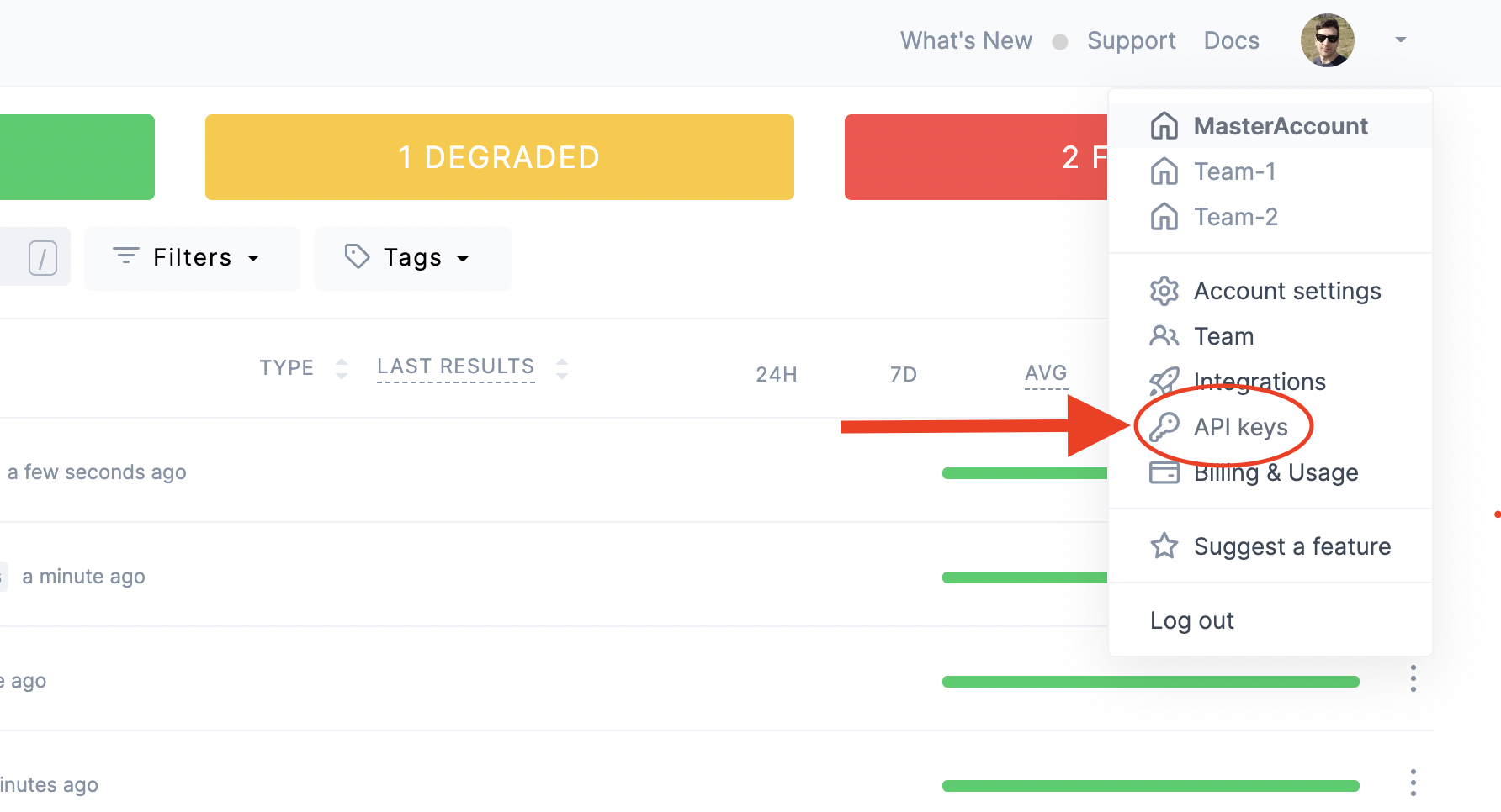 screenshot of how to get api key from checkly dashboard